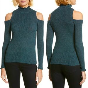 Rebecca Taylor Cold Shoulder Ruffle Neck & Sleeve Ribbed Sweater size Small